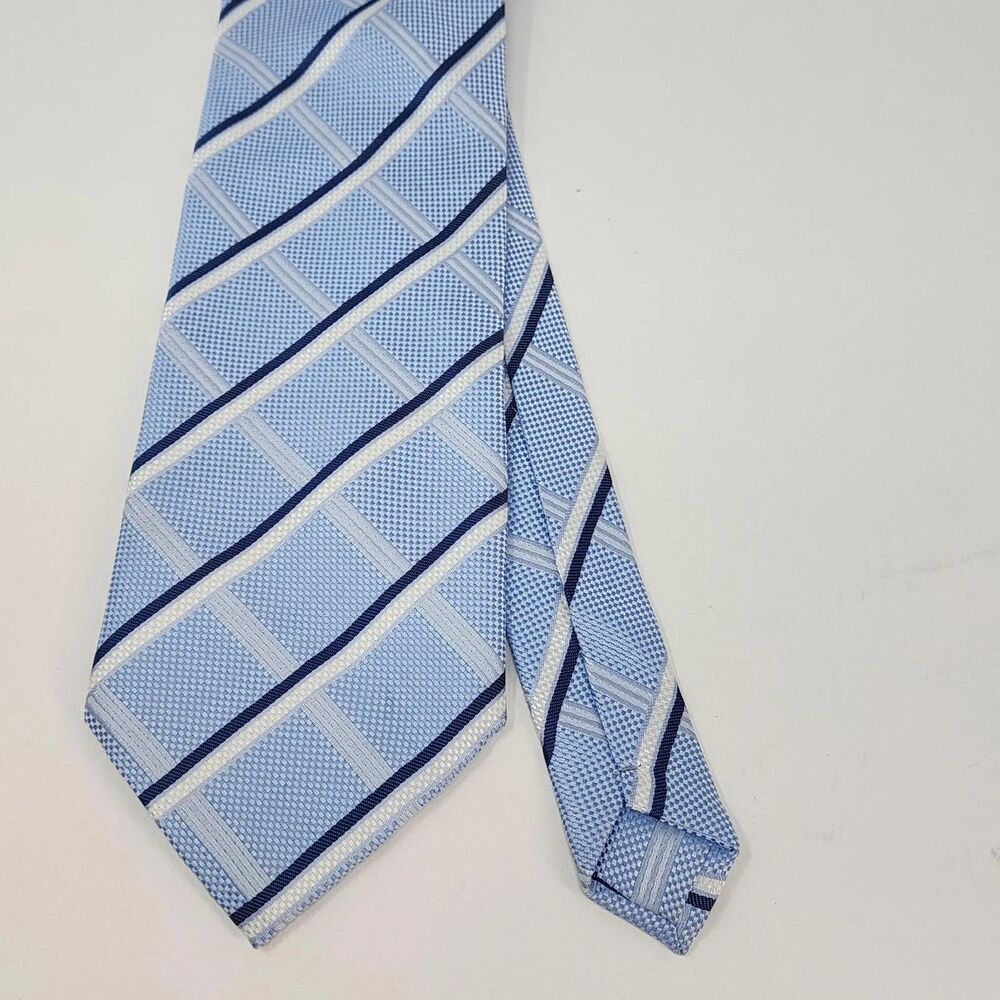 Baoloc Silk Tie Mens One Size Light Blue Navy Stripe 100% Silk Handmade Necktie - Picture 5 of 9